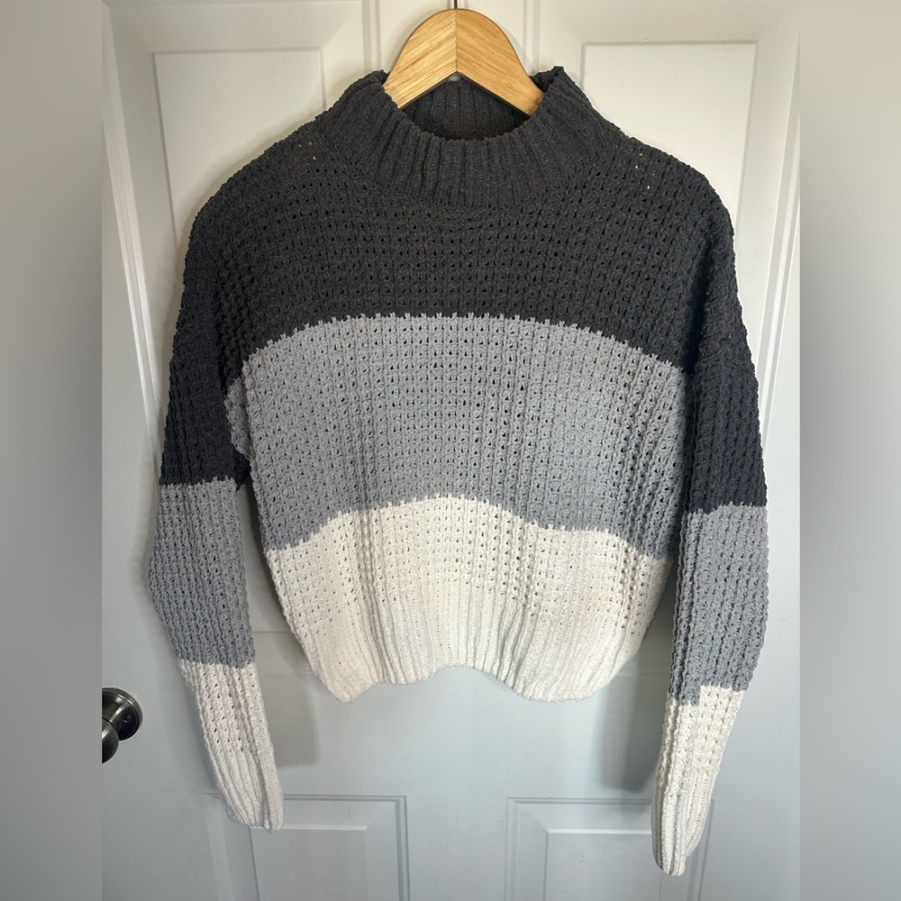 Pink Rose Cozy Colorblock Knit Sweater - Gray, Light Gray & Cream